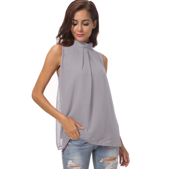 Glam Girl Fashion Tops - NWT Double Chiffon Sleeveless Lt Gray Blouse, L